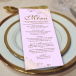 Elegant Golden Frills på Lilac Lila Bröllop Meny<br><div class="desc">Den här vackra menyn kommer att lägga lite stil till ditt bröllopsmottagande. Den har en vacker design med ornerade golden faux-folier och snurrar på bleken och lila färgad bakgrund. Det finns utrymme för namn från paret och bröllop, och texten är helt anpassade. Klassi, snyggt och glam, den här menyn kommer...</div>