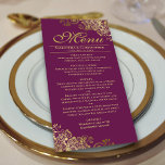 Elegant Golden Frills på Magenta Plum Bröllop Meny<br><div class="desc">Den här vackra menyn kommer att lägga lite stil till ditt bröllopsmottagande. Den har en vacker design med ornerade golden faux-folier och snurrar på magenta, rödplommon, kassis lila eller färgad av bär. Det finns utrymme för namn från paret och bröllop, och texten är helt anpassade. Elegant, klass och glam, den...</div>