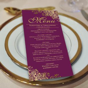 Elegant Golden Frills på Magenta Plum Bröllop Meny