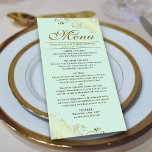 Elegant Golden Frills på Mint Grönt Bröllop Meny<br><div class="desc">Den här vackra menyn kommer att lägga lite stil till ditt bröllopsmottagande. Den har en vacker design med ornerade golden faux-folier och snurrar på blekens färgad för mint grönt. Det finns utrymme för namn från paret och bröllop, och texten är helt anpassade. Klassi, snyggt och glam, den här menyn kommer...</div>