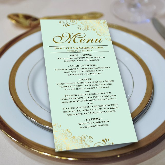Elegant Golden Frills på Mint Grönt Bröllop Meny (On Plate)