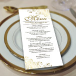 Elegant Golden Frills på White Bröllop Meny<br><div class="desc">Den här vackra menyn kommer att lägga lite stil till ditt bröllopsmottagande. Den har en vacker design med ornerade golden faux-folier och snurrar på en klassisk vit bakgrund. Det finns utrymme för namn från paret och bröllop,  och texten är helt anpassade.</div>