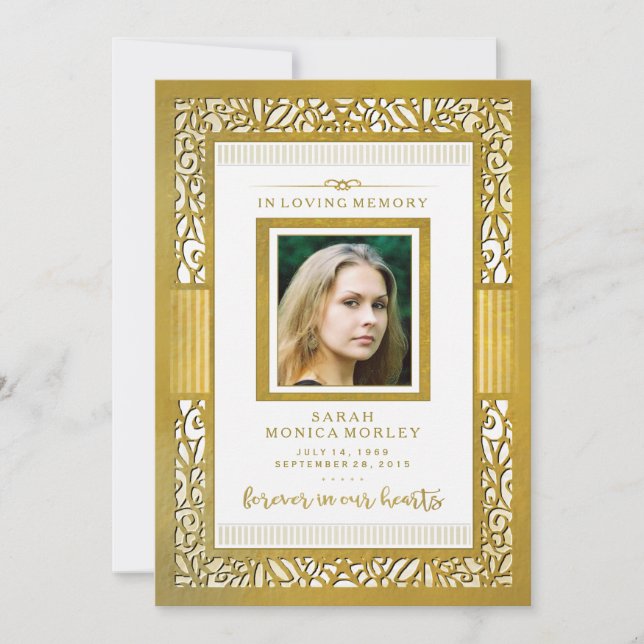 Elegant Golden Gräns Photo Memorial Tack Inbjudningar (Framsida)