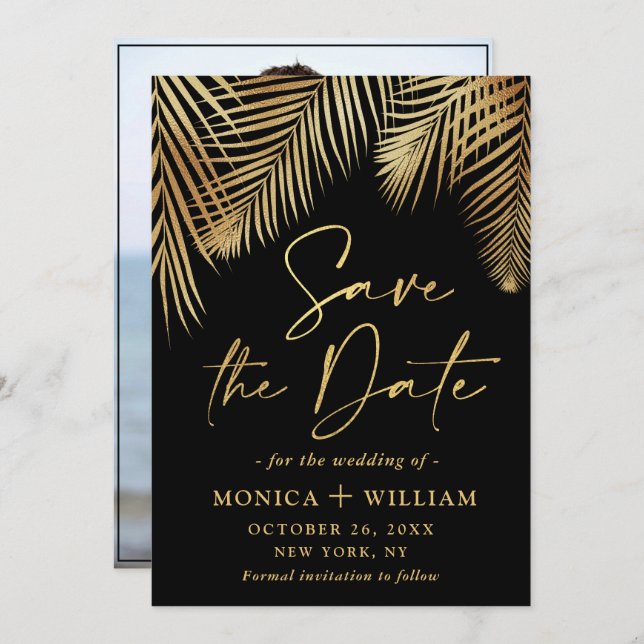 Elegant Golden Handflatan Gren Bröllop fotfoto i Spara Datumet (Fram/baksida)