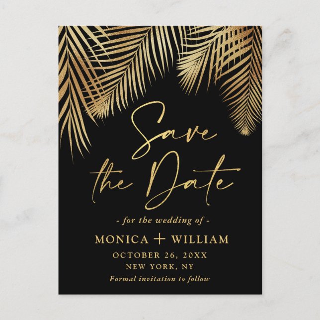 Elegant Golden Handflatan Gren Bröllop spara datum Meddelande Vykort (Framsida)