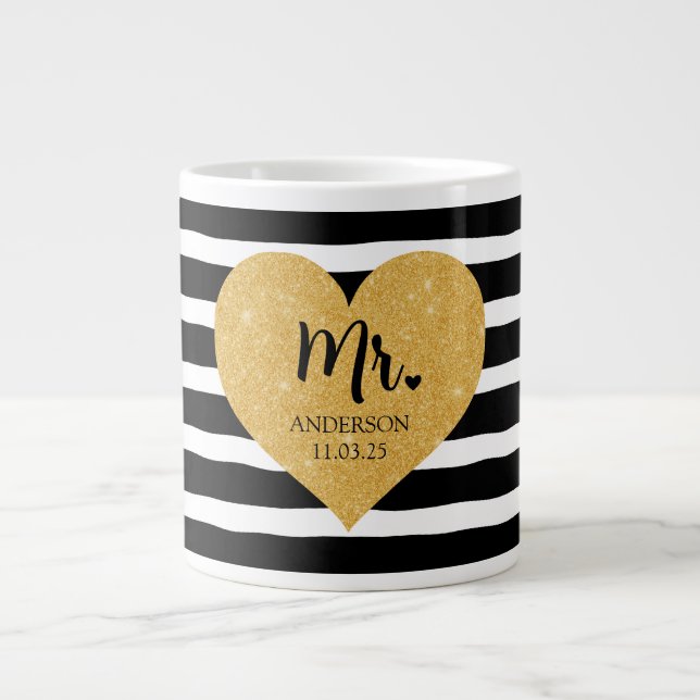 Elegant Golden Heart Black Rand Ny gifta Jumbo Mugg (Framsidan)
