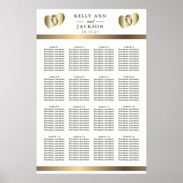 Elegant Golden Hearts design - 16 sätesdiagram Poster (Framsidan)