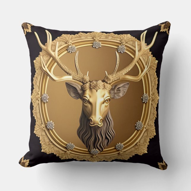 Elegant Golden Hjort Emblem med Ornate Ram Kudde (Framsida)