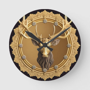 Elegant Golden Hjort Emblem med Ornate Ram Rund Klocka