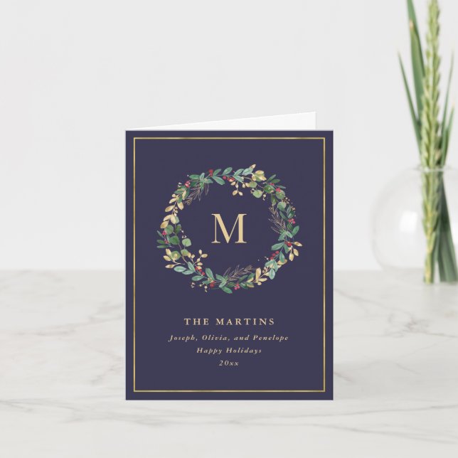 Elegant Golden-julfransen med Monogram Helgkort (Framsida)