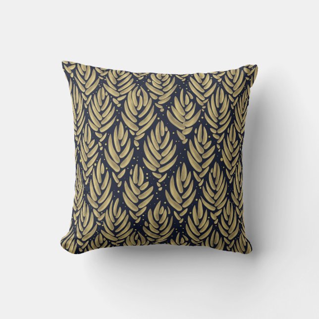 Elegant Golden Leaf Navy Pattern Throw Pillow Kudde (Framsida)
