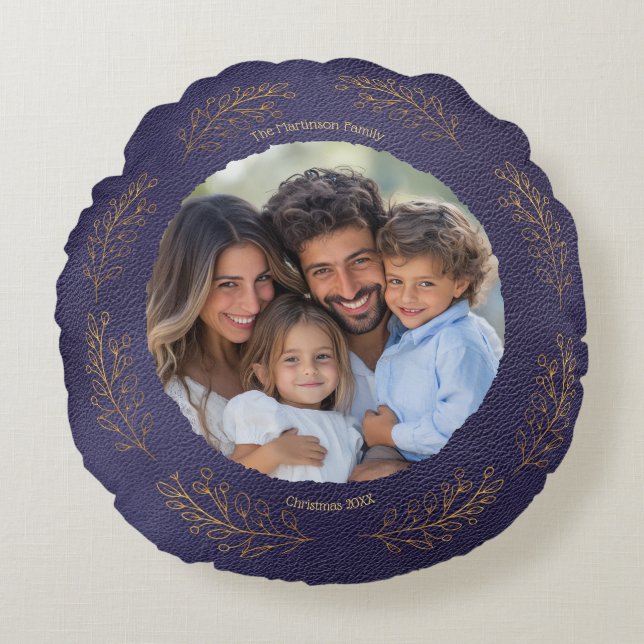 Elegant Golden Leaves Family Photo Christmas Blue Rund Kudde (Framsidan)