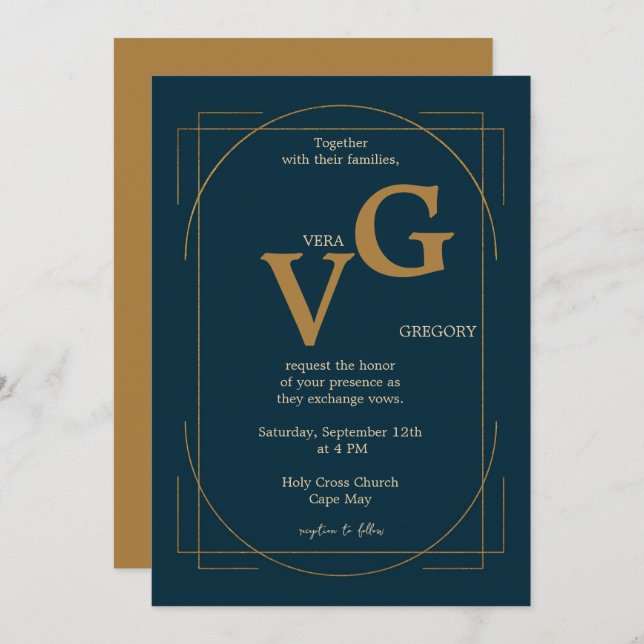 Elegant Golden Linjer Modern Luxurie Bröllop Inbjudningar (Fram/baksida)