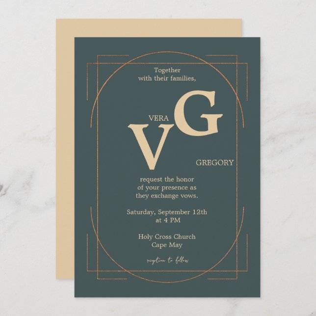 Elegant Golden Linjer Modern Luxurie Bröllop Inbjudningar (Fram/baksida)