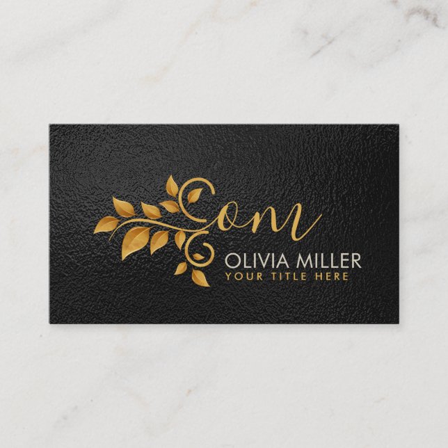 Elegant Golden Löv swirl Monogram Visitkort (Framsida)