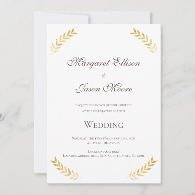Elegant Golden Lövs Guld och Brown Bröllop Inbjudningar (Framsida)