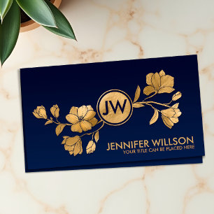 Elegant Golden Magnolia Blommar Monogram Visitkort