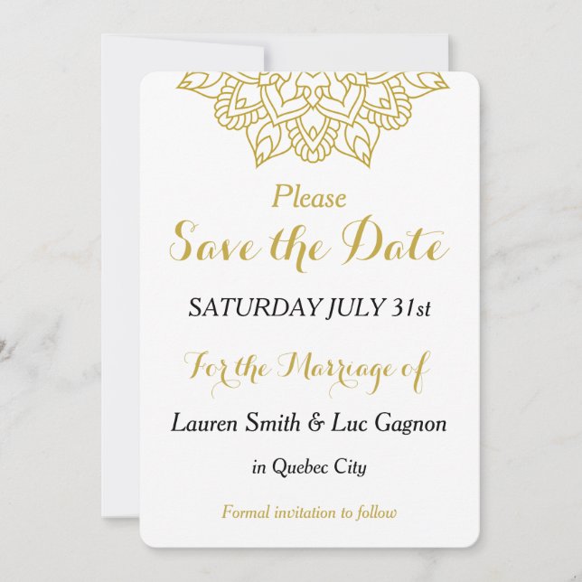 Elegant Golden Mandala Bröllop spara datum Card Datumet (Framsida)