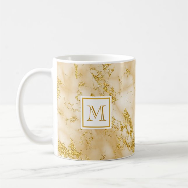 Elegant Golden Marble Monogram Faux Guld Glitter Kaffemugg (Vänster)