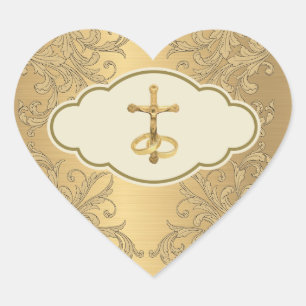 Elegant Golden Metallic Crucifix Bröllop Ringar Hjärtformat Klistermärke