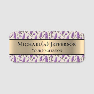 Elegant Golden och Lavender Floral Pattern: Purple Namnbricka