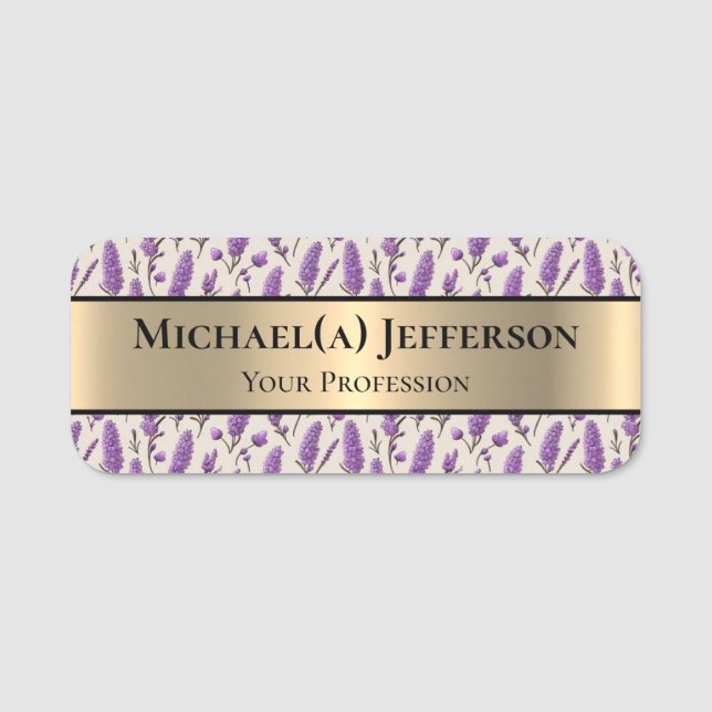 Elegant Golden och Lavender Floral Pattern: Purple Namnbricka (Framsida)