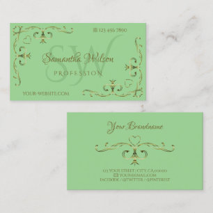 Elegant Golden Ornate Corners Initialer Sage Grönt Visitkort