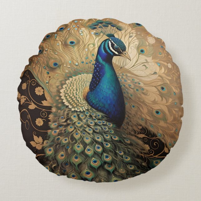 Elegant Golden Peacock Bird Rund Kudde (Framsidan)