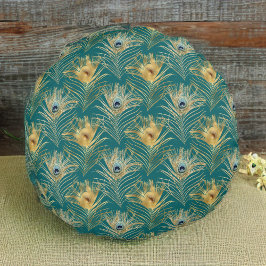 Elegant Golden Peacock Feathers på Boho Grönt Rund Kudde