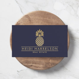 Elegant Golden Pineapple-Logotyp på Dusky Blue Visitkort