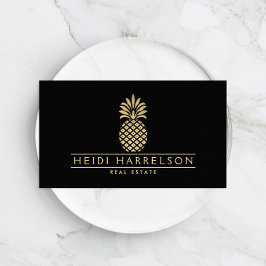 Elegant Golden Pineapple-Logotyp på svart Visitkort