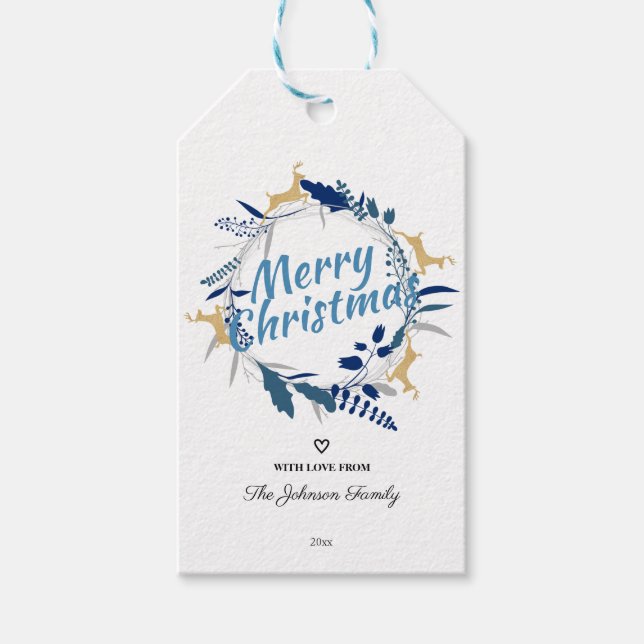 Elegant Golden Reindeer Blommigt Julfrand Presentetikett (Framsidan)