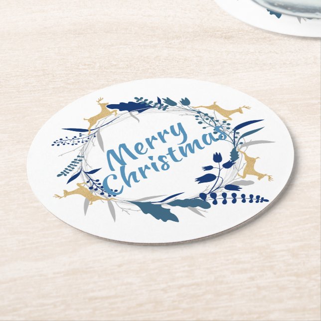 Elegant Golden Reindeer Blommigt Julfrand Underlägg Papper Rund (Vinklad)