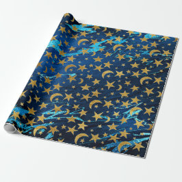 Elegant Golden Stars och Måne Blue Navy Marble Presentpapper