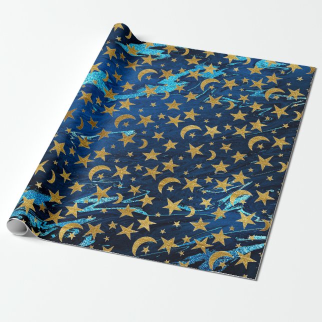 Elegant Golden Stars och Måne Blue Navy Marble Presentpapper (Utrullad)