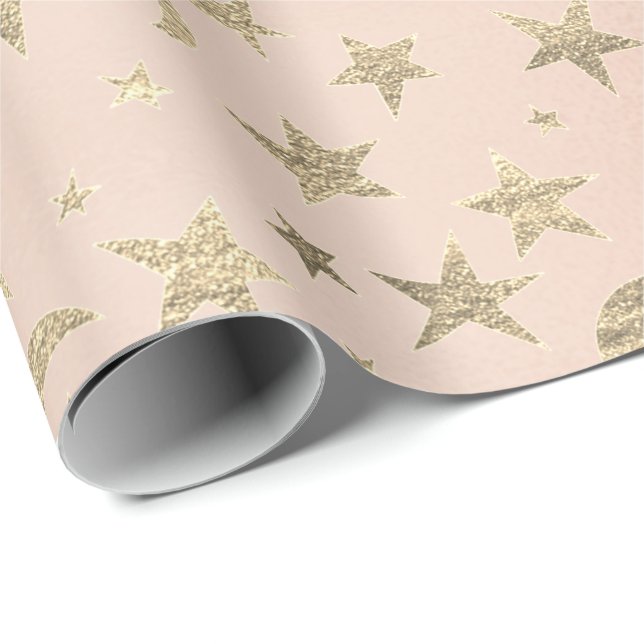 Elegant Golden Stars och Måne Faux Rosa ros  Presentpapper (Rullad Hörn)