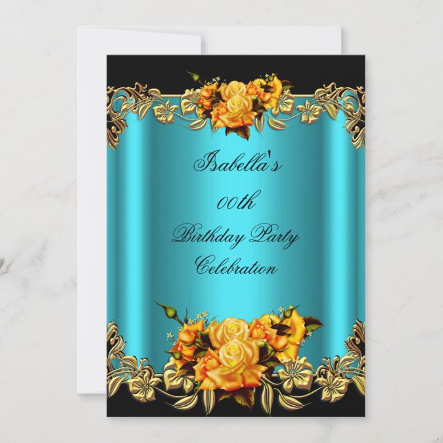 Elegant Golden Teal Blue Gul ros Birthday Inbjudningar (Framsida)