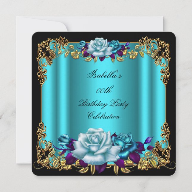 Elegant Golden Teal Blue Lila Ro Birthday 2 Inbjudningar (Framsida)