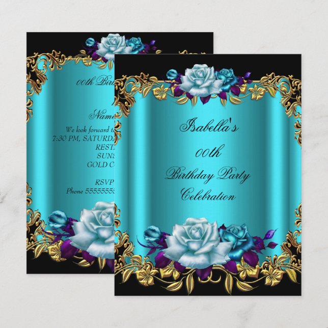 Elegant Golden Teal Blue Lila Ro Birthday Inbjudningar (Fram/baksida)