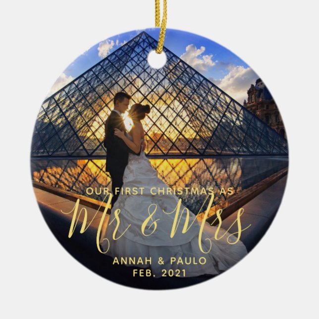 Elegant Golden Vår första jul, mrs Photo Julgransprydnad Keramik (Framsidan)