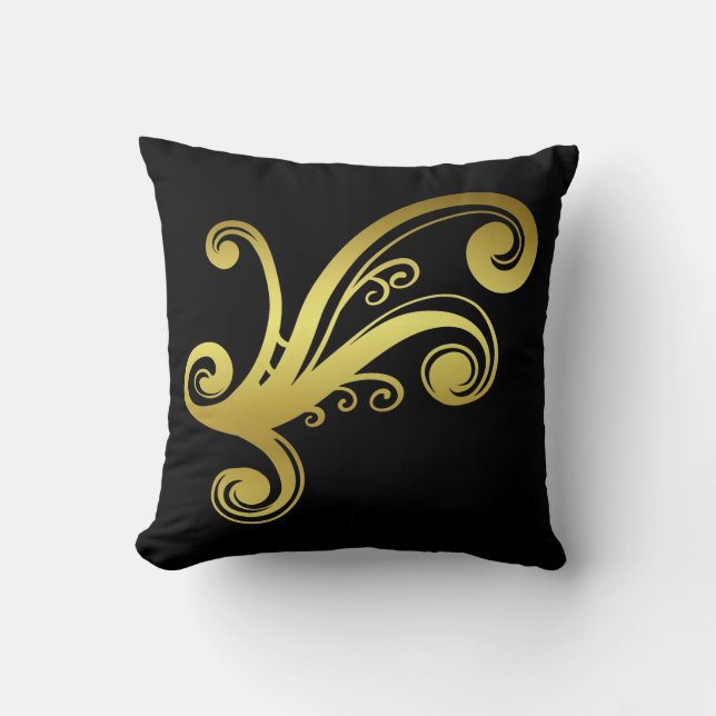 Elegant golden Victorian-snurrare på svart dekorat Kudde (Framsida)