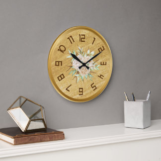 Elegant Golden Wall Clock with Flowers Stor Klocka