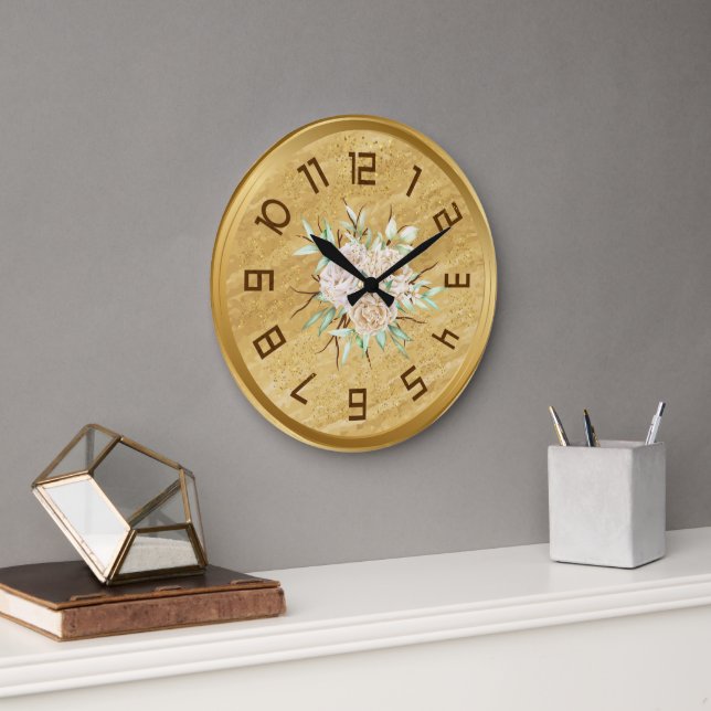 Elegant Golden Wall Clock with Flowers Stor Klocka (Kontor)