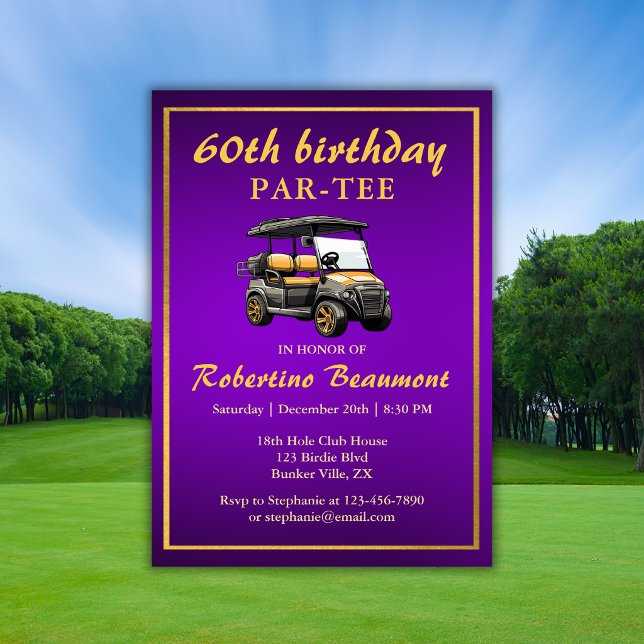 Elegant golf tema korg lila guld 60-årsdag inbjudningar (Skapare uppladdad)