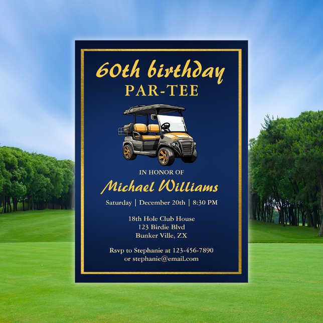 Elegant golf tema varukorg blå guld 60-årsdag inbjudningar (Skapare uppladdad)