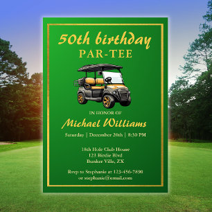Elegant Golf Theme Cart Grönt Guld 50:e födelsedag Inbjudningar