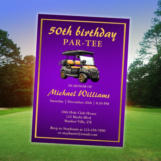 Elegant Golf Theme Cart Lila Guld 50:e födelsedage Inbjudningar (Skapare uppladdad)