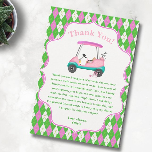 Elegant golfvagn redo för baby shower tack kort (Thank you in golf style! ⛳💗 A playful baby shower card for golf-loving parents.)