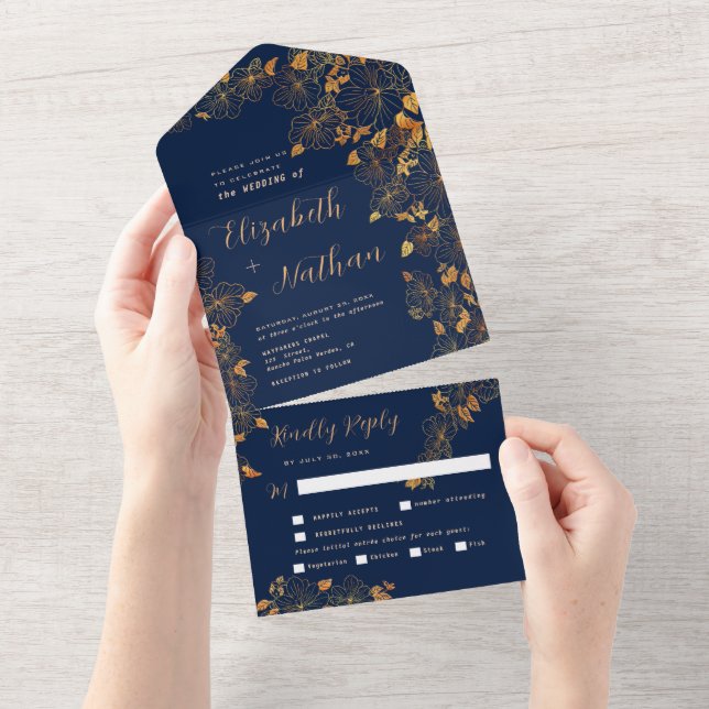 Elegant Gorgous Guld Blommigt Foliage Navy Blue (Avrivbar del)