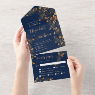 Elegant Gorgous Guld Blommigt Foliage Navy Blue